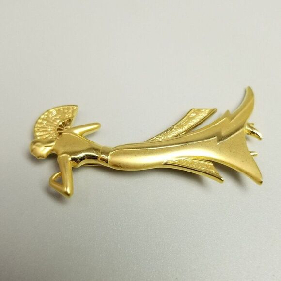 Vintage JJ Tall Elegant Woman in Dress with Fan Brooch, Matte Gold Tone, Signed - Picture 6 of 9